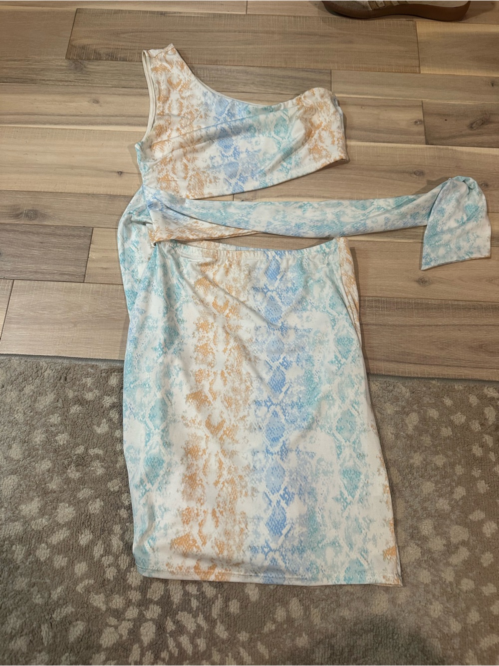 Blue and Tan Snake Print One-Shoulder Dress with Tie